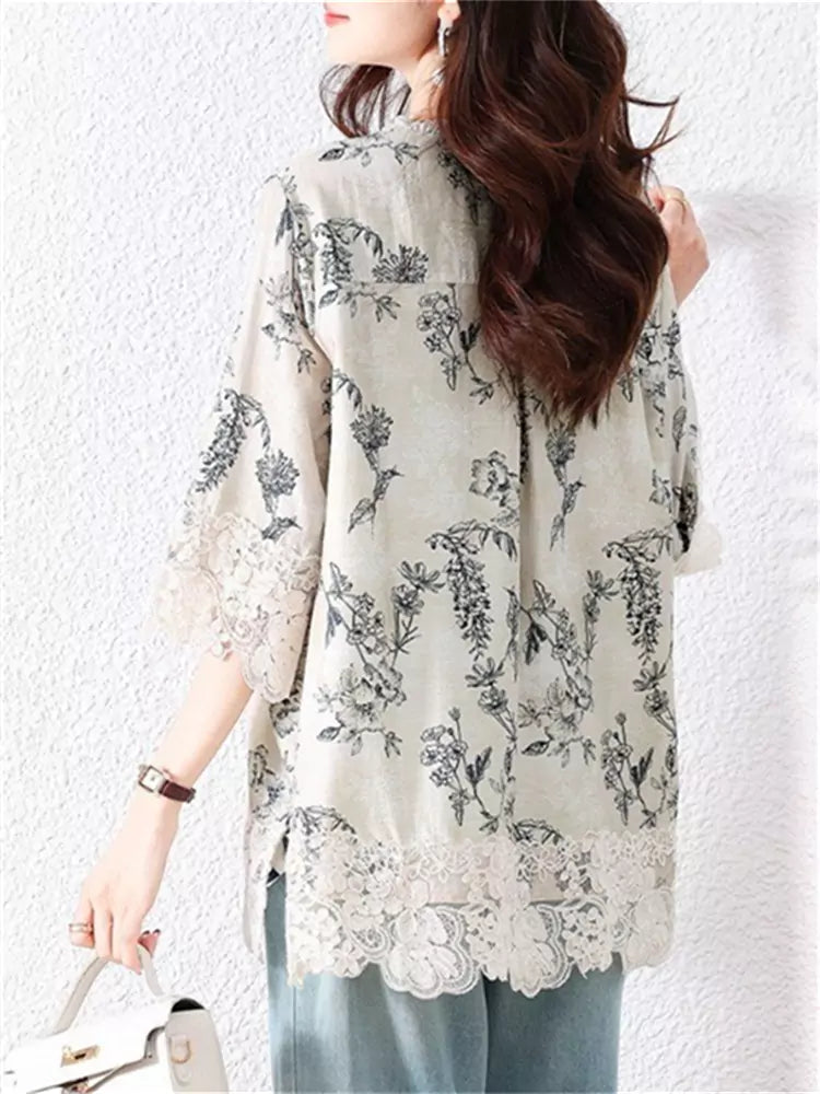 Fashion Printed Lace Patchwork Loose Fit Shirt for Women Plus Size