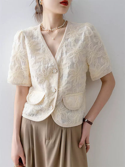 Aprikosenfarbenes Kurzarmhemd im französischen Stil mit V-Ausschnitt und Puffärmeln für Damen