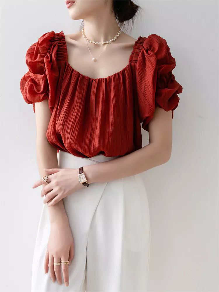 French Style Red Square Neck Chiffon Short Sleeve Shirt for Women