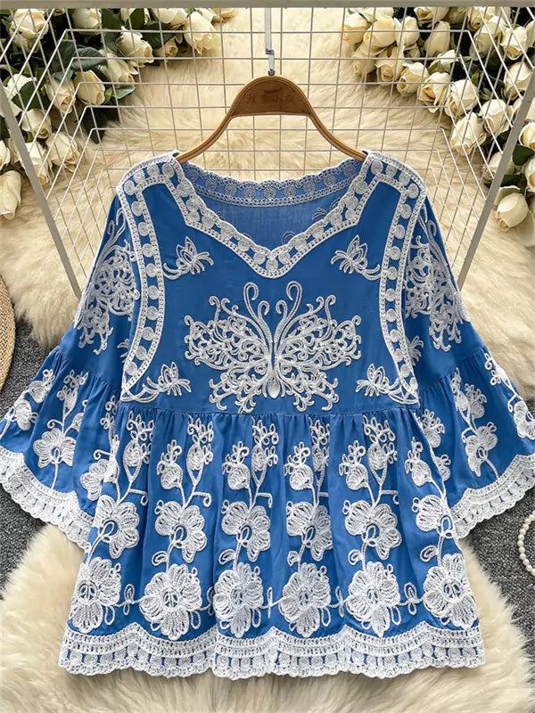 Vintage-Bluse im Boho-Stil, gelb, mit Häkelspitze und 3/4-Ärmeln, für Damen