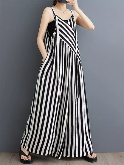 French Style Loose Fit Wide Leg Suspender Jumpsuit  for Women