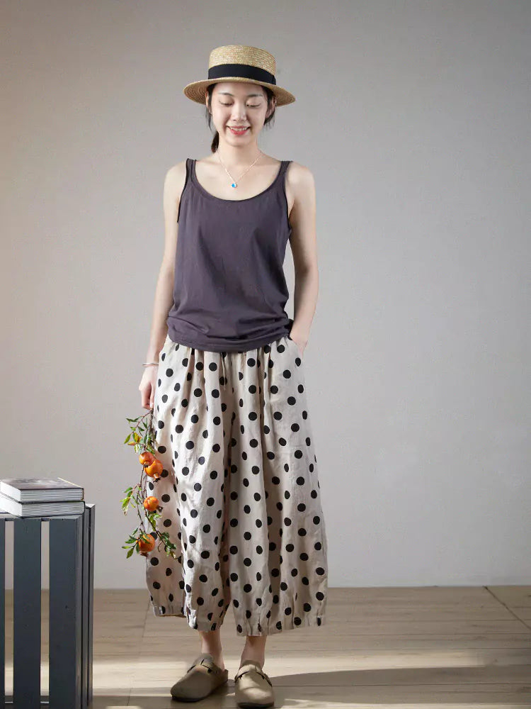Polka Dot Cotton Linen Wide Leg Casual Pants for Women Plus Size