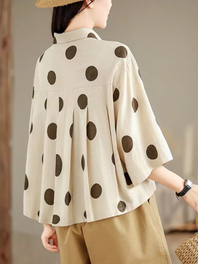 Vintage Polka Dot Cotton Linen Short Sleeve Shirt for Women