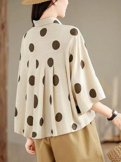 Vintage Polka Dot Cotton Linen Short Sleeve Shirt for Women