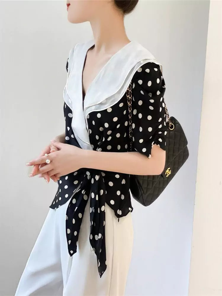 Trendy Polka Dot Ruffle V-Neck Tie Front Blouse for Women
