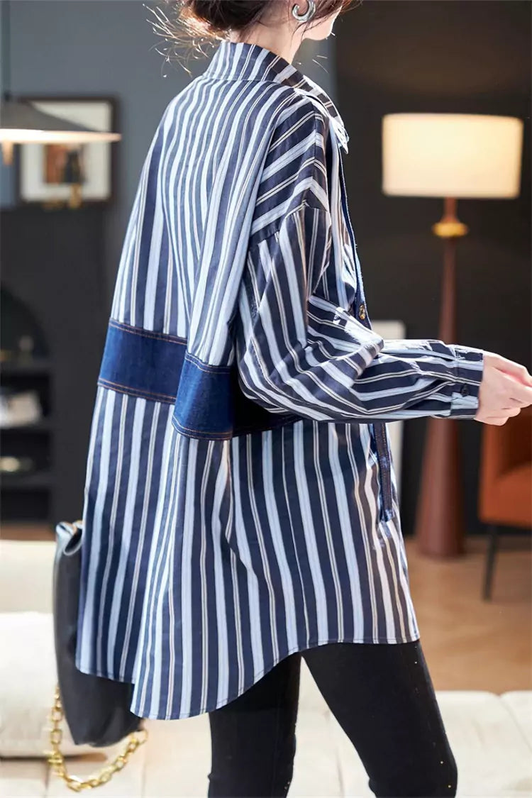 Korean Style Denim Stripe Colorblock Patchwork Long Sleeve Shirt for Women