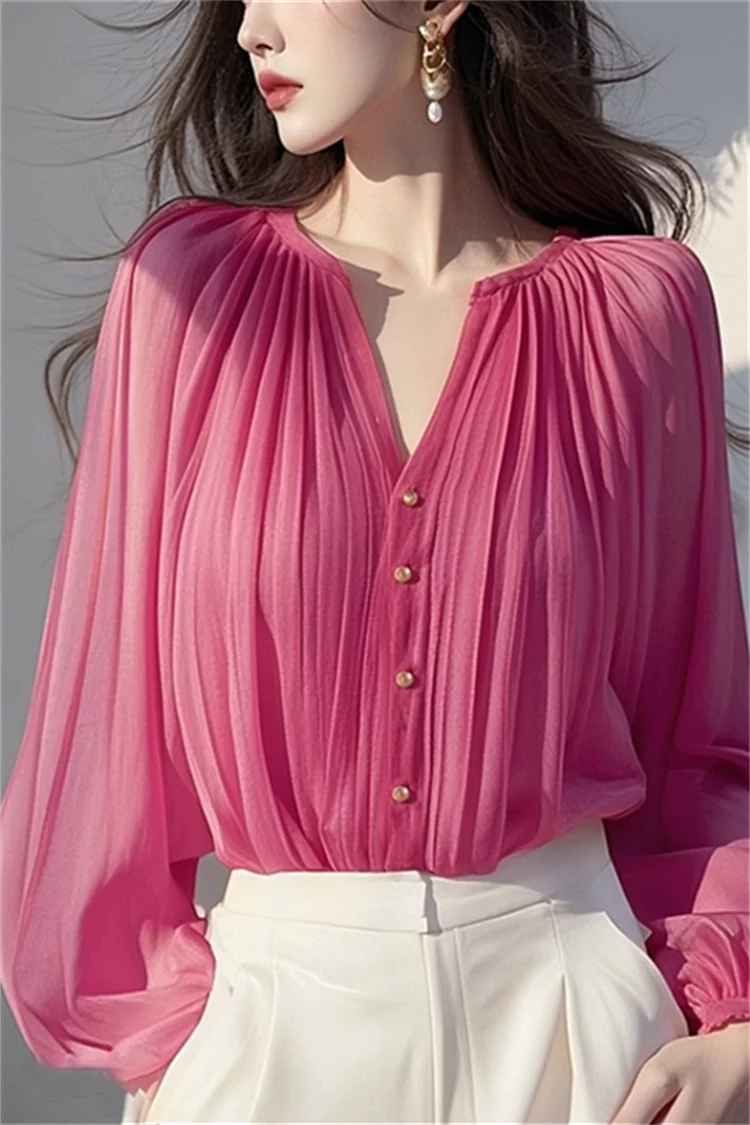 French Style Fuchsia Pink V-neck Chiffon Shirt for Women