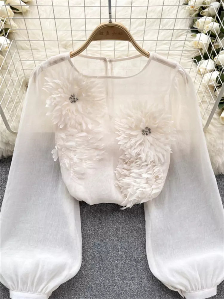 Französische 3D-Blumenbluse mit Puffärmeln und schmaler Passform für Damen