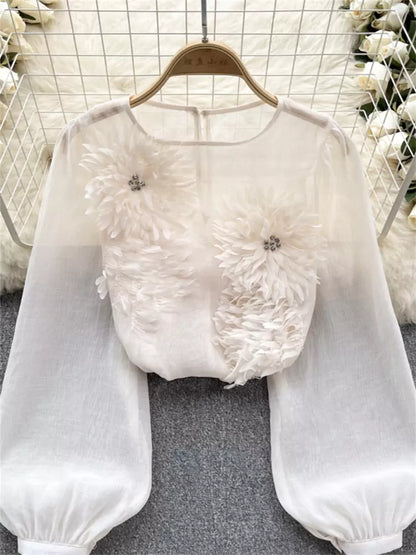 Französische 3D-Blumenbluse mit Puffärmeln und schmaler Passform für Damen