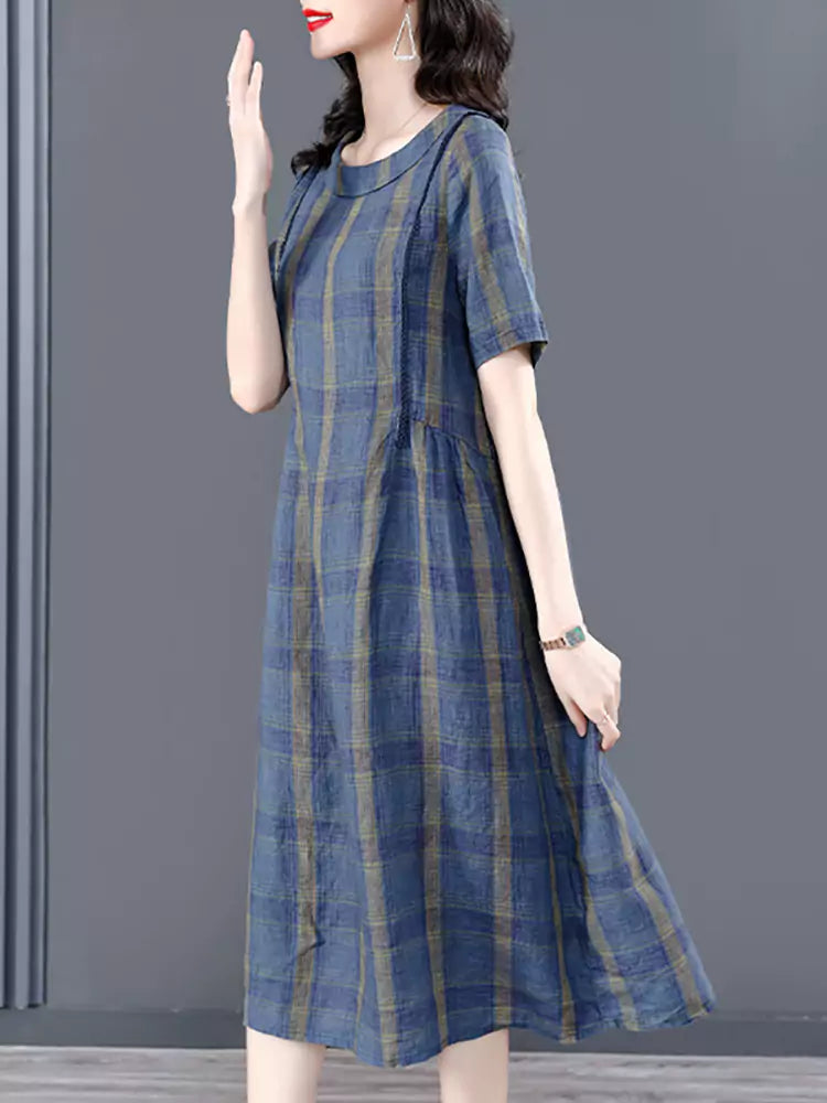 Elegant Plus Size Plaid Short Sleeve Midi Dress for Women