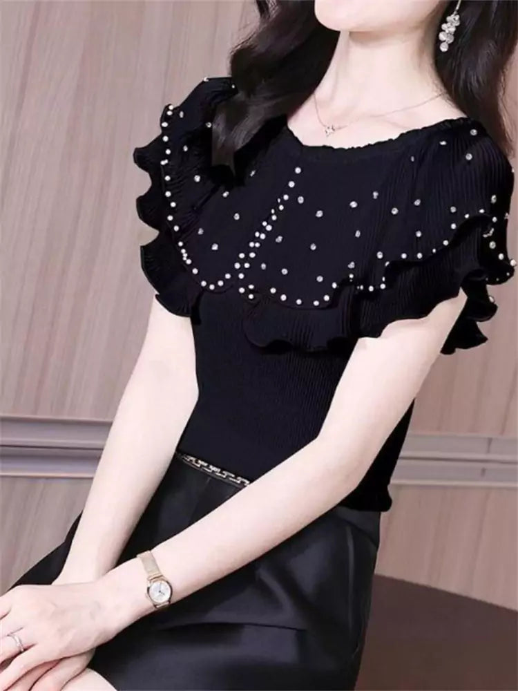 Stylish Cropped Knit Short Sleeve Top with Rhinestone Ruffle Collar for Women