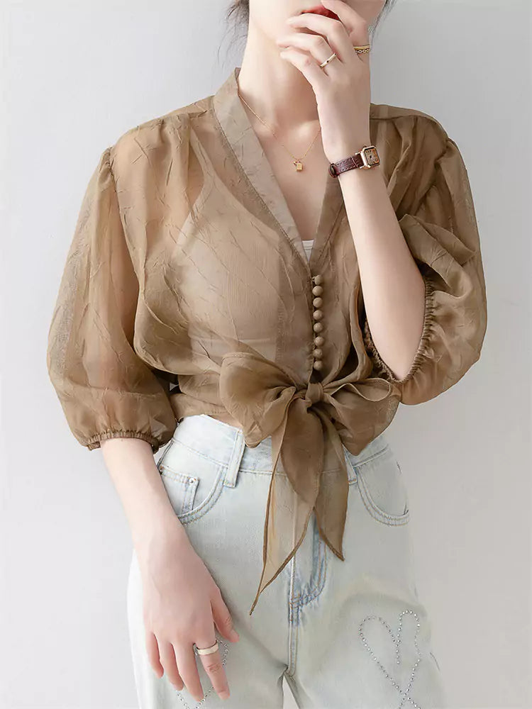 Lightweight V-Neck Chiffon Sun-Protective Blouse with Lantern Sleeves for Women