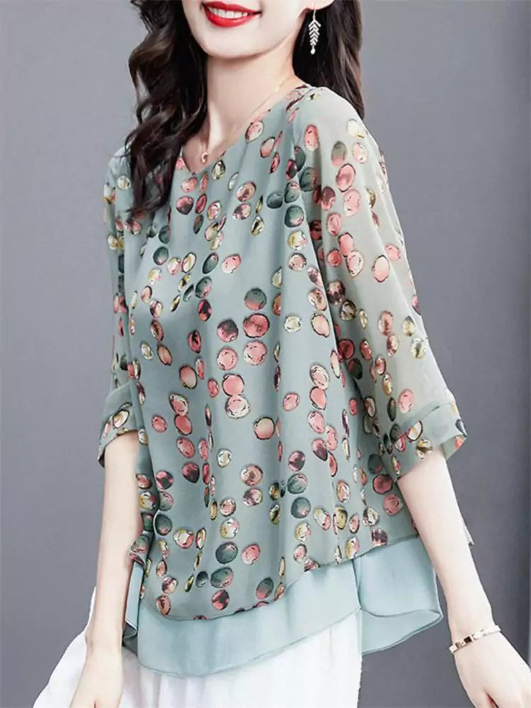 Trendy Plus Size Printed Short Sleeve Chiffon Blouse for Women
