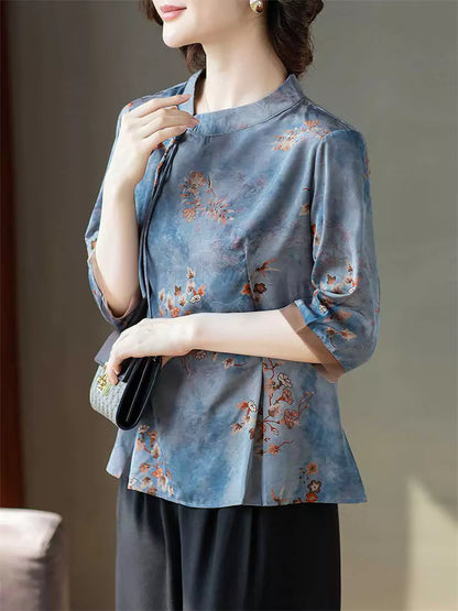 Vintage-Bluse mit Stehkragen und Print, halben Ärmeln für Damen