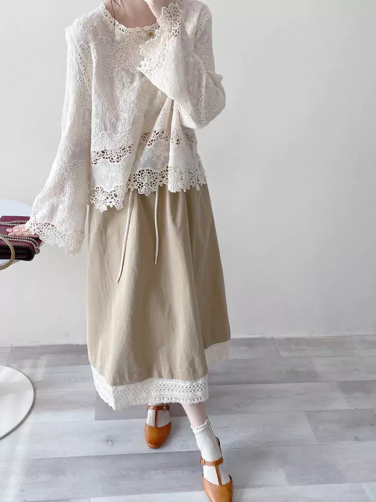Jacquard-besticktes, weißes Baumwollspitzen-Pullover-Top mit Lochstickerei für Damen