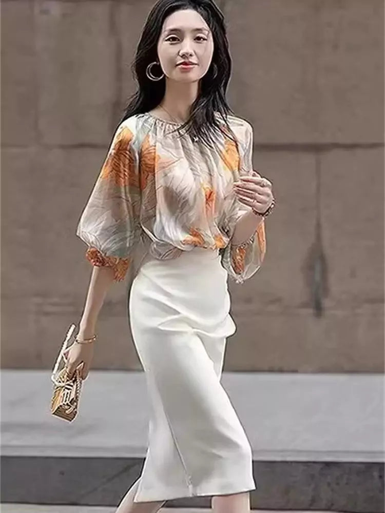French Style Printed Round Neck Chiffon Blouse for Women Lantern Sleeve