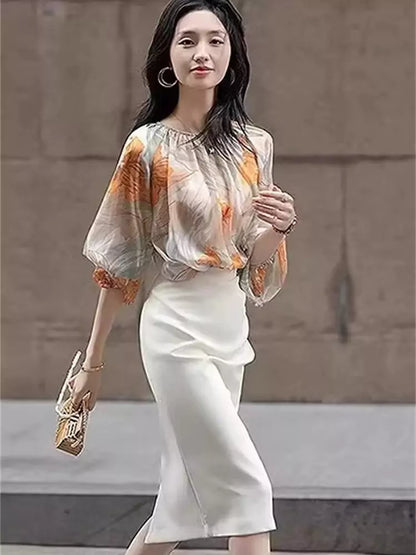 Französische Chiffonbluse mit Print und Rundhalsausschnitt für Damen, Laternenärmel