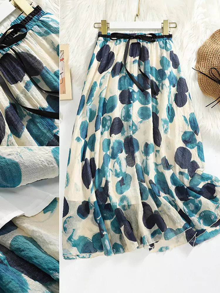 Double-Layer Ramie A-Line Flared Skirt with Polka Dot