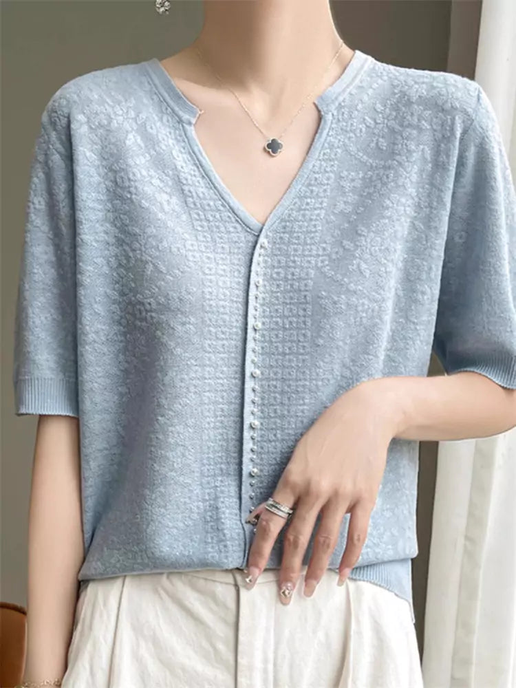 Elegant Beige V-Neck Beaded Pullover Blouse for Women