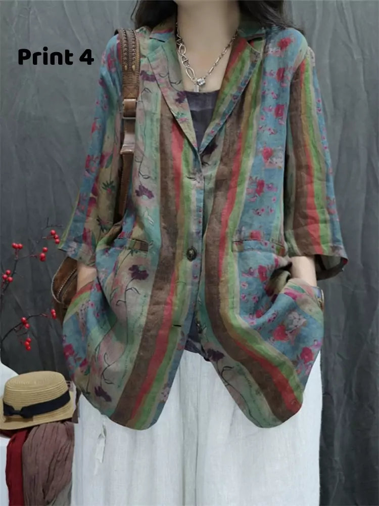 Vintage Printed Cotton Linen Blazer Jacket for Women