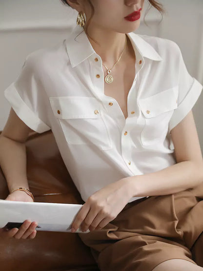French Style Vintage White Short Sleeve Shirt for Women