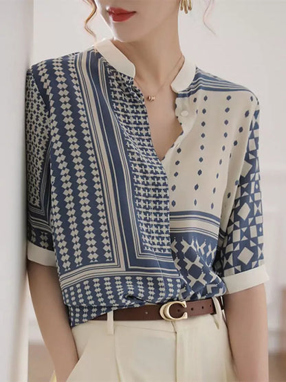 French Style Blue Stand Collar Chiffon Blouse with Vintage Print for Women Short Sleeve