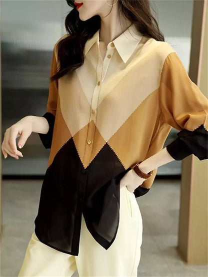 Stilvolles Langarmshirt mit Farbblock-Patchwork-Design für Damen