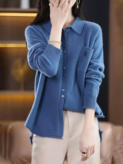 Suéter de punto con cuello polo de lana bordado estilo vintage para mujer