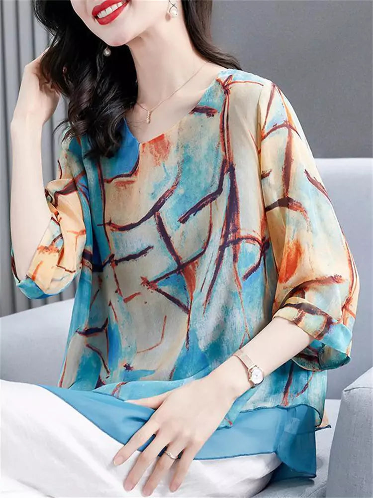 Elegant Plus Size Chiffon Printed Blouse with 3/4 Sleeves for Women