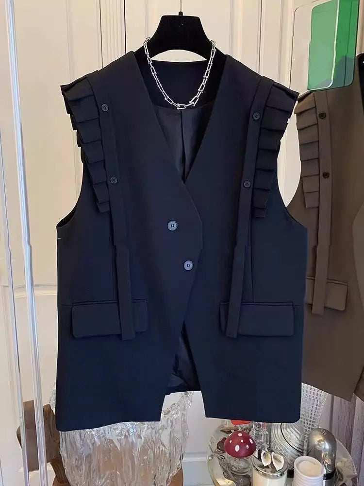 Spring Ruffle-Trimmed Sleeveless Blazer Vest for Women