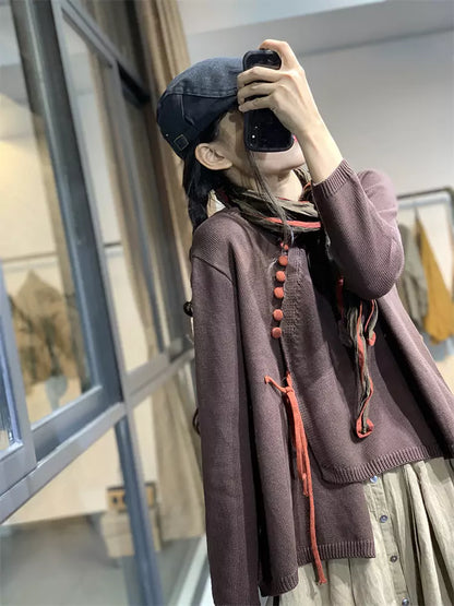 Blusa de punto asimétrica estilo chino vintage para mujer