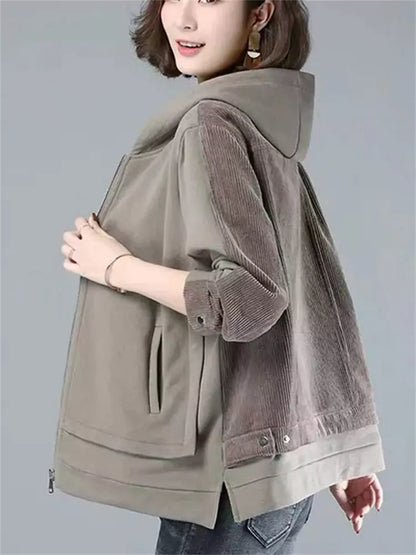 Lässige Cordjacke mit Kapuze und Patchwork-Design für Damen