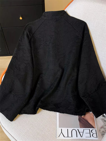 Vintage-Bluse im chinesischen Stil mit Jacquard-Muster, Stehkragen und Knopfleiste für Damen