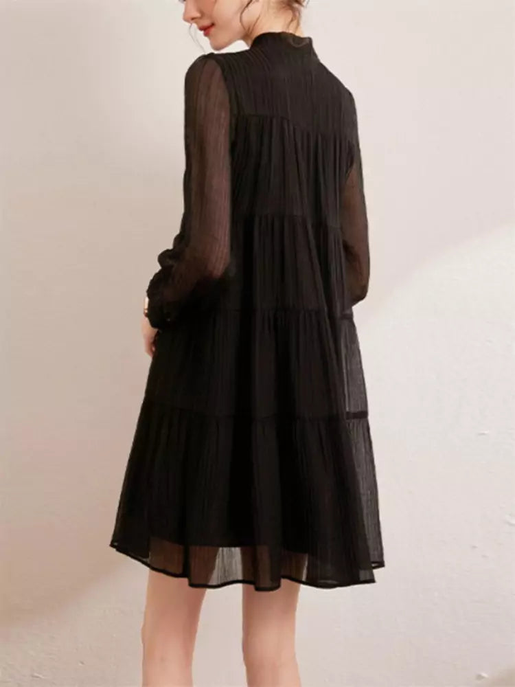 Elegantes, strukturiertes Midikleid mit langen Ärmeln und Schleife für Damen