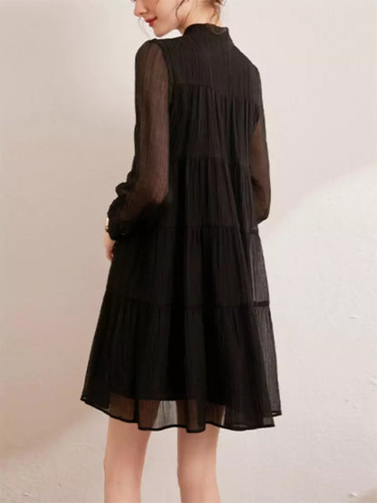 Elegantes, strukturiertes Midikleid mit langen Ärmeln und Schleife für Damen