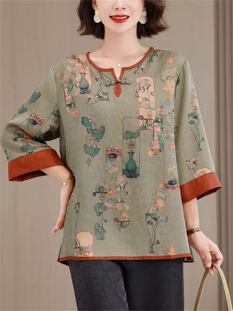 Neue, locker geschnittene Bluse im chinesischen Stil mit Print und 3/4-Ärmeln für Damen