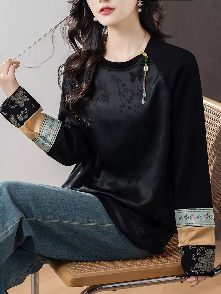 New Chinese Style Jacquard Embroidered Round Neck Long Sleeve Blouse for Women
