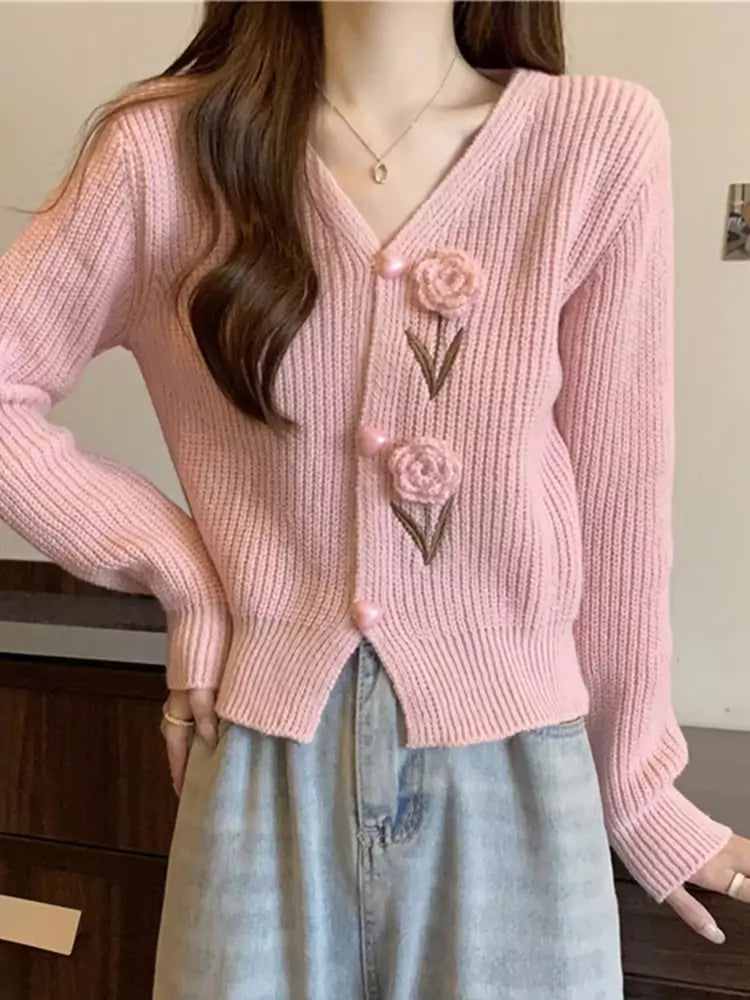Vintage-Inspired V-Neck Crochet Floral Knit Cardigan for Women