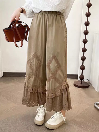 Pantalones de campana de cintura alta con capas y ribete de encaje bordado estilo Sweet Mori para mujer