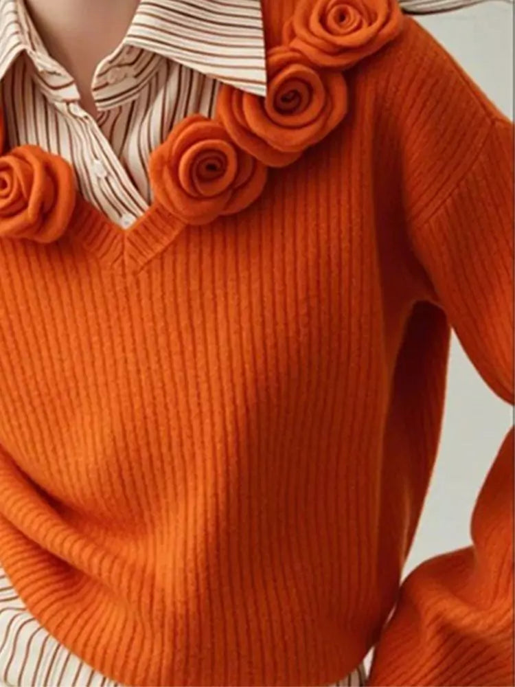 Schickes orangefarbenes 3D-Blumenstrick- und Streifenshirt (zweiteiliger Look)