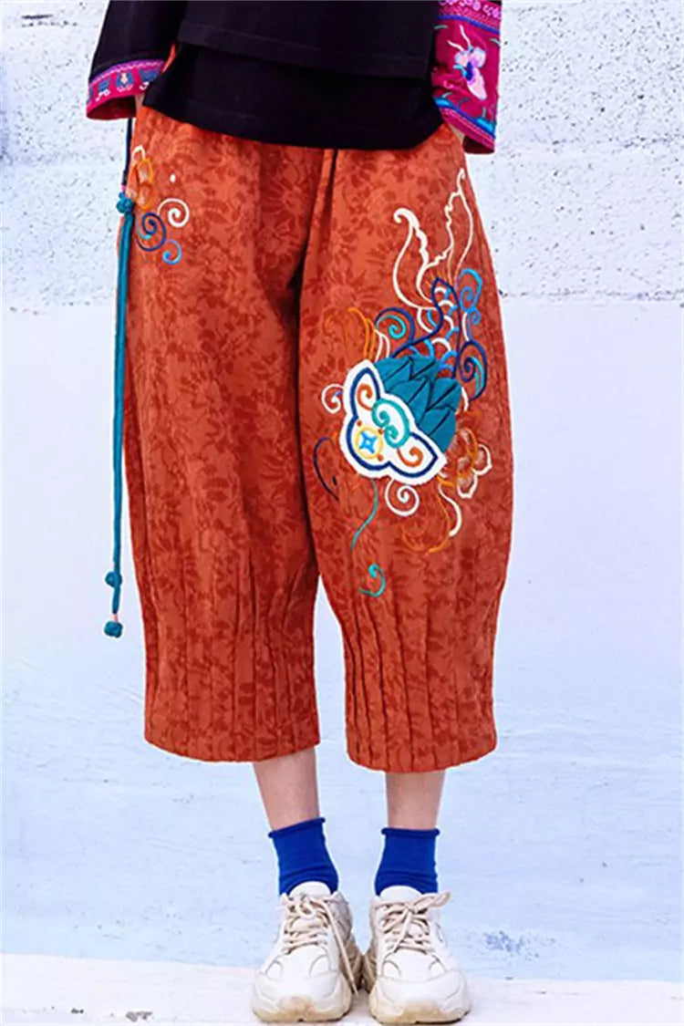 Pantalones bombachos holgados con bordados estilo bohemio para mujer