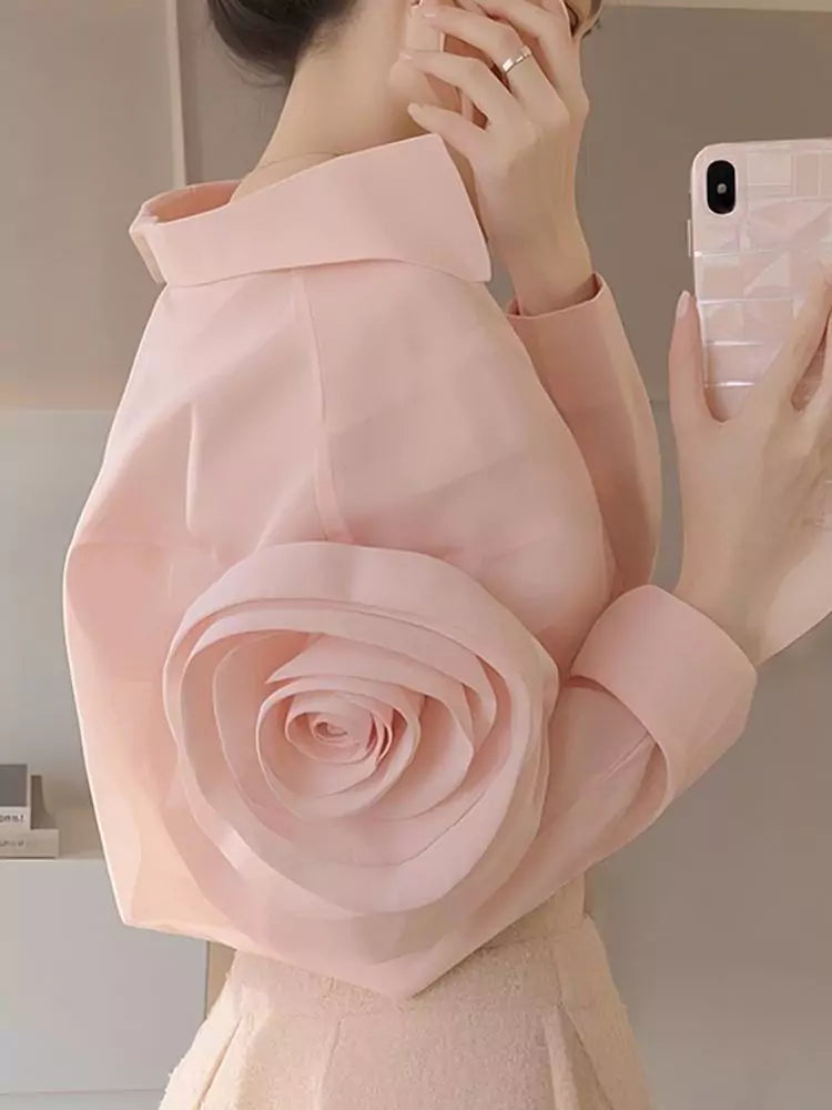 French Style Pink 3D Floral Embellished Elegant Summer Blouse for Women