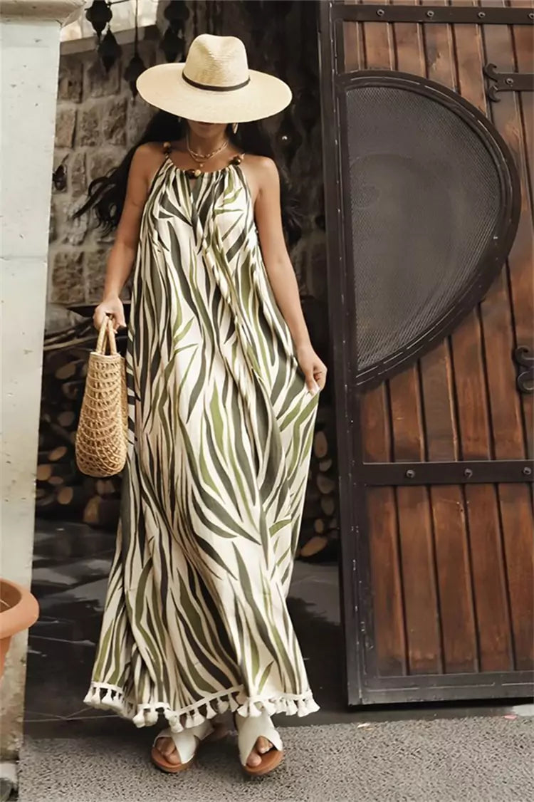 Maxikleid im französischen Stil mit Streifenmuster, Quasten und Spaghettiträgern für Damen