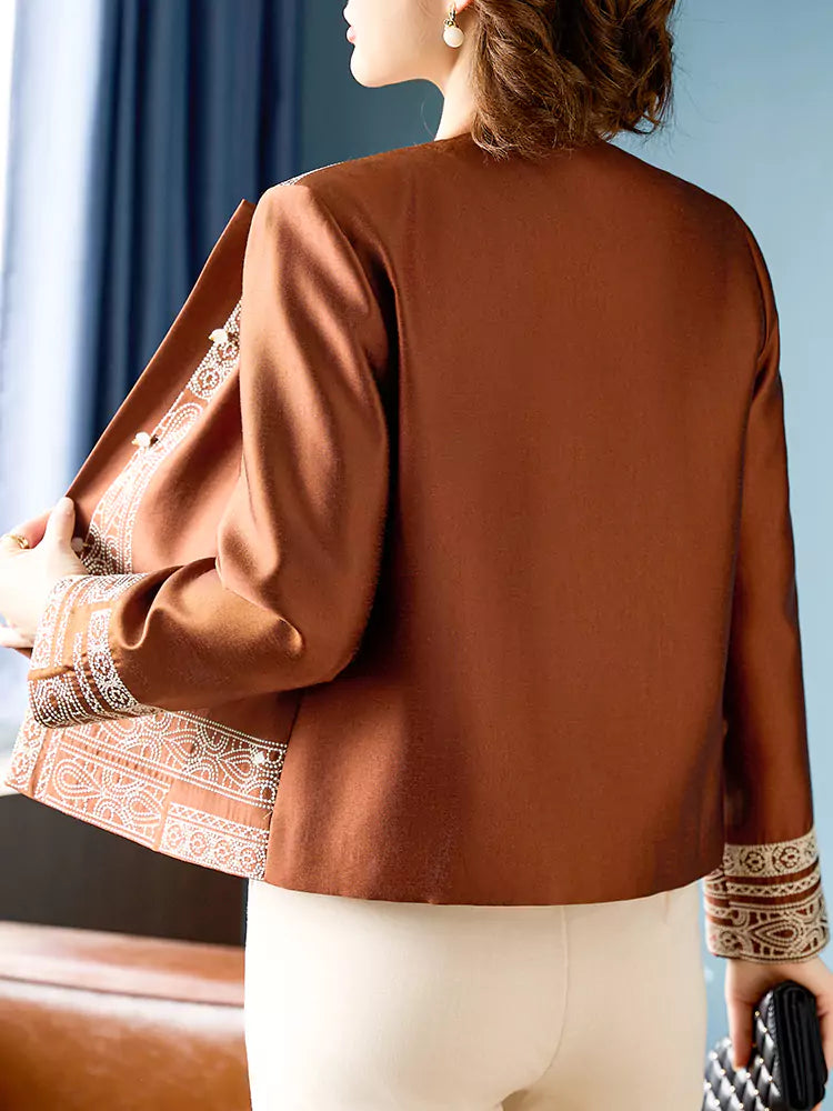 Vintage Jacquard Mulberry Silk Round-Neck Jacket for Women – Retro Tang-Style Top
