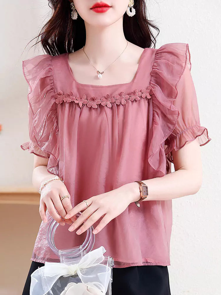Elegante rosa Chiffon-Spitzenbluse mit kurzen Ärmeln für Damen