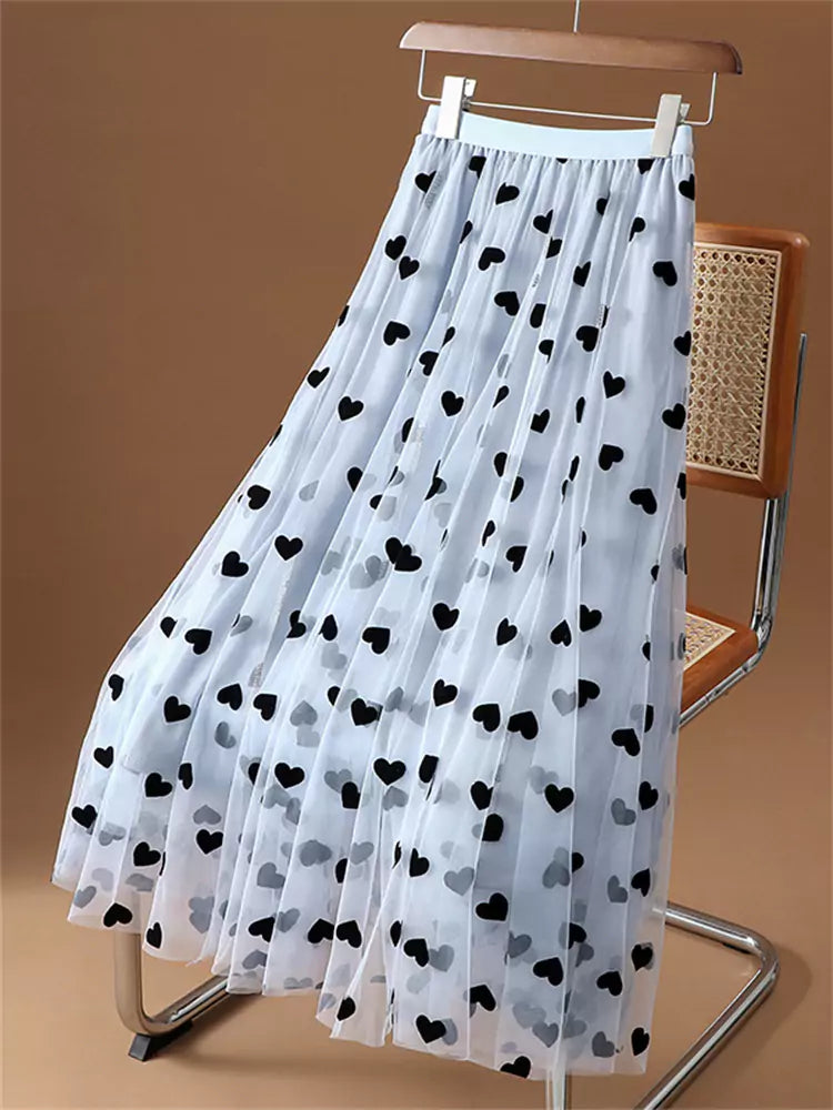 Falda midi de tul con corazones flocados, estilo vintage francés, de alta gama, para mujer