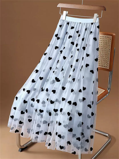 Hochwertiger roter Midirock aus beflocktem Tüll im französischen Vintage-Stil mit Herzmuster für Damen