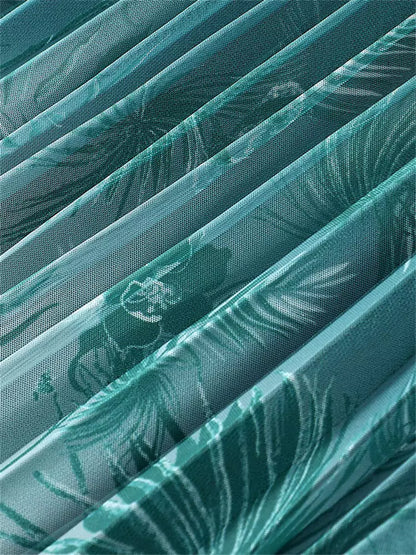 Blauer Ombré-Plissee-Midirock aus Mesh für Damen – Bedrucktes A-Linien-Design mit figurformender Wirkung