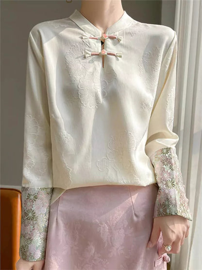 New Chinese Style Champagne Stand-Collar Embroidered Blouse for Women – Contrast Trim & Frog Button Design