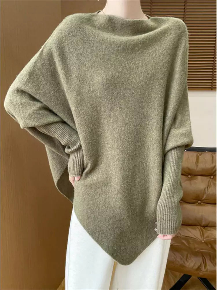 Wool Knit Camel Boat Neck Poncho Sweater – Loose Pullover Mid-Length Shawl for Autumn & Winter